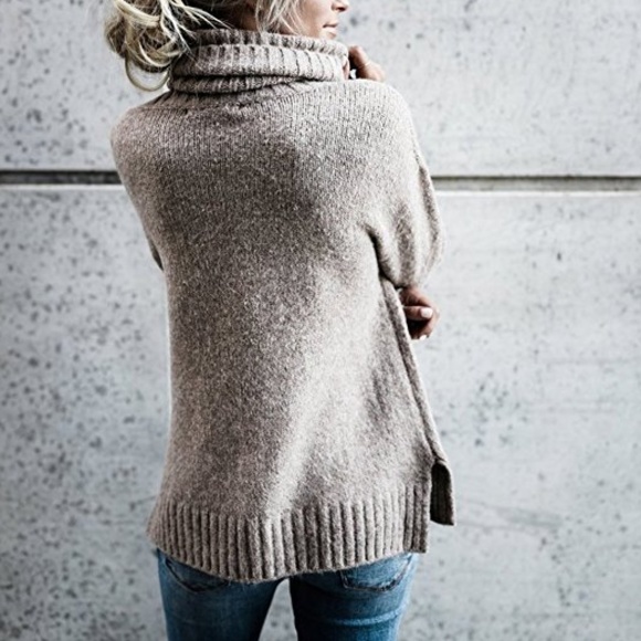 ODELIA Oversized Wool Taupe Turtleneck Sweater - Picture 3 of 8